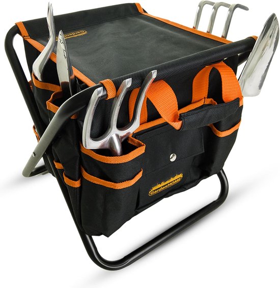 Tuingereedschapset, 7-delige tuingereedschapset met robuuste opvouwbare kruk en afneembare tuingereedschapstas, tuincadeaus voor dames heren kinderen van T