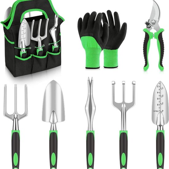 Tuingereedschapset, 8-delige zware tuingereedschapset, inclusief snoeischaar, handschoenen, hark, schep, enz., ergonomisch handgereedschap geschikt voor planten, snoeien en verplanten. van Merkloos	