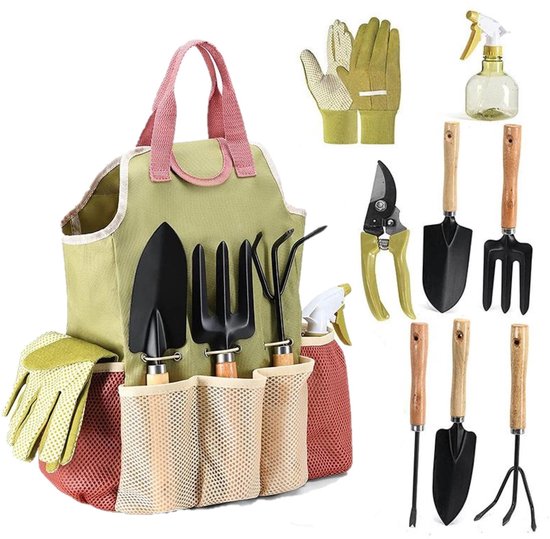 Tuingereedschapset, 9-delige, robuuste handgereedschapset voor in de tuin, inclusief een duurzame opbergtas. De roestbestendige tuingereedschapset is een ideaal cadeau voor zowel mannen als vrouwen.