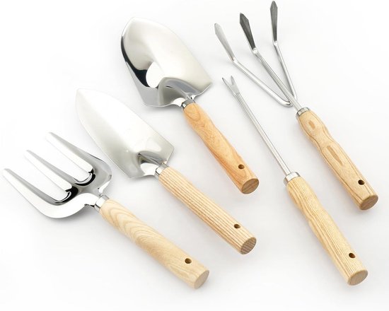 Tuingereedschapset, hoogwaardige 5-delige, zware tuingereedschapset, inclusief schep, handhark, verplanter, grote troffel en 5-klauws cultivator, gemaakt van roestvrij staal met antislip houten handgrepen van Merkloos	