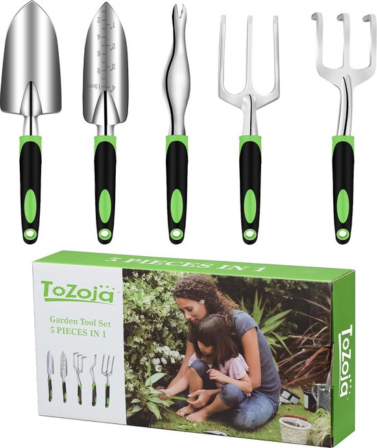 Tuingereedschapset, tuingereedschap van gegoten aluminium met antislip rubberen handgreep, ergonomische handgreep, tuinschep, wieder, handhark, handvork en plantenbak, cadeau voor mannen en vrouwen