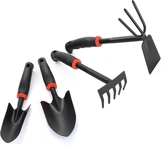 Tuingereedschapset (tuingereedschapset, 4-delig, inclusief 2 scheppen, hark, grondfrees en verplantgereedschap, roestvrij ijzeren gereedschap, rubberen handgrepen) van Merkloos	