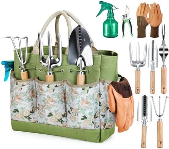 Tuingereedschapset van Grenebo, Heavy Duty roestbestendig tuingereedschap, tuincadeaus voor dames en heren met snoeischaar en handvat opbergtas (9-delig) van Grenebo