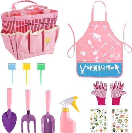 Tuingereedschapset voor kinderen - 12-delige kindertuinset - Vorken Schoppen Harken Tassen Flessen Handschoenen Slabbetjes - Strandgereedschap - Geschikt voor kleine tuiniers - Roze