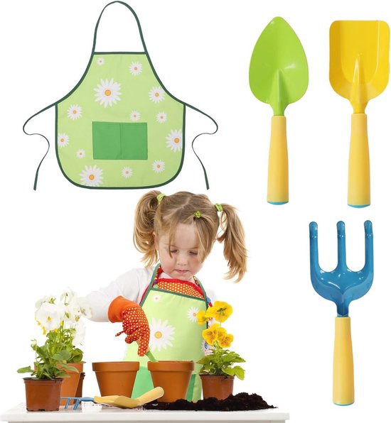 Tuingereedschapset voor Kinderen - 4-delig Tuinset met Schort, Schep en Hark - Speelgoed voor Buiten en Strandspeel van Merkloos	