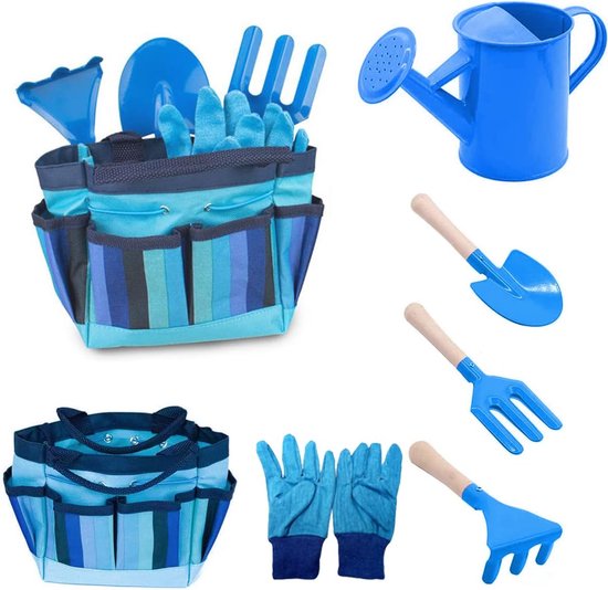 Tuingereedschapset voor kinderen, tuingereedschapset 6-delig voor kinderen met gieter, tuinhandschoenen, schep, hark, troffel