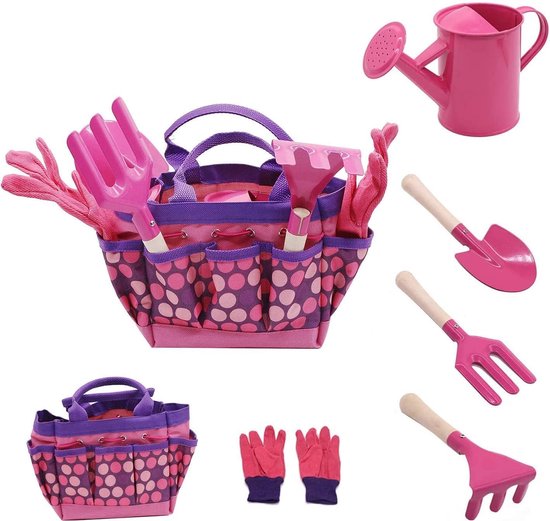 Tuingereedschapset voor kinderen, tuingereedschapset 6-delig voor kinderen met gieter, tuinhandschoenen, schop, hark, troffel (roze) van T