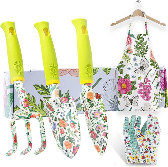 Tuingereedschapset, zware aluminium tuinbenodigdheden, tuinbenodigdheden voor vrouwen buiten bloemenprint, 5 stuks met troffel, handhark, transplantatiemachine, handschoenen, schort van T