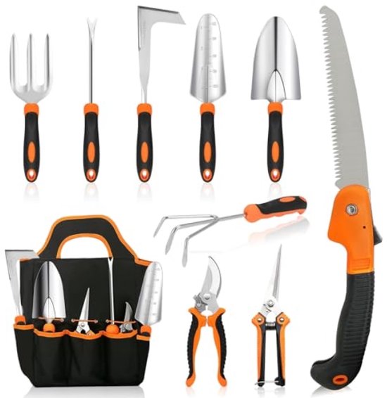 Tuingereedschapsset 10-delig - Heavy duty roestvrijstalen tuinset met ergonomische handvatten, inclusief opbergtas - voor vrouwen en mannen