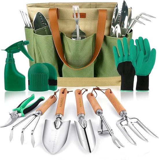 Tuingereedschapsset 10-Delig - Roestvrij Staal - Houten Handvat - Incl. Tas & Handschoenen - Cadeau van Merkloos	