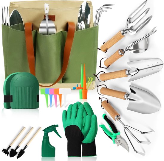 Tuingereedschapsset, 13 stuks tuingereedschap met opbergtas, zware belasting, roestvrij staal, tuinierset, ideaal tuincadeau voor vrouwen en mannen, weeder, handhark, struikhark