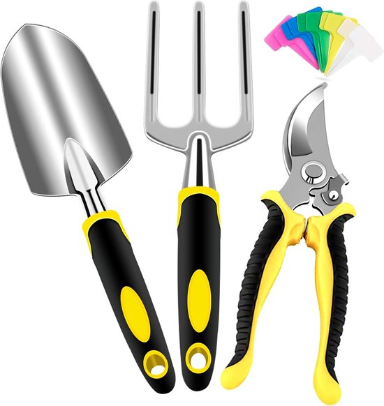 Tuingereedschapsset, 3-delige tuingereedschapsset, tuingereedschapsset voor mannen en vrouwen, met tuinschaar, schep, vork, 10 plastic plantenmarkeerders van T