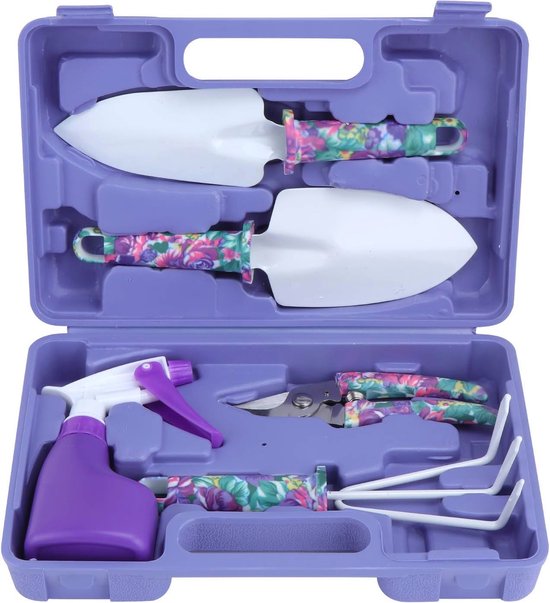 Tuingereedschapsset 5-delig met ergonomische handgreep en paarse bloemenprint - ideaal voor tuinieren