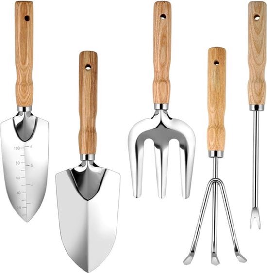 Tuingereedschapsset 5-delig - Roestvrijstalen Tuinschep - Hark en Onkruidsteker - Handgereedschap met Houten Handvatten - voor Bloembakken, Moestuin & Klein Tuinwerk - ideaal cadeau - Lichtgewicht