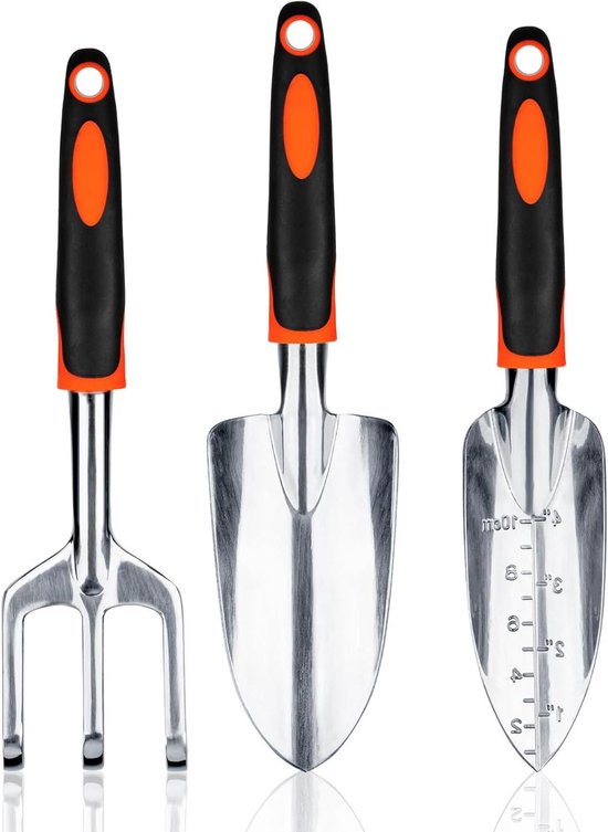 Tuingereedschapsset: Aluminiumlegering, ergonomische handgreep, plantenschep, verplantspade, handhark – Voor bloemperk en gazon - Zware belasting - Oranje van Merkloos	