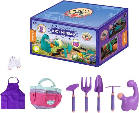 Tuingereedschapsset Kinderen - Dinosaurus Speelgoed - Buiten Spelen - 8-delige Complete Set - Incl. Schort Handschoenen - Lila Paars