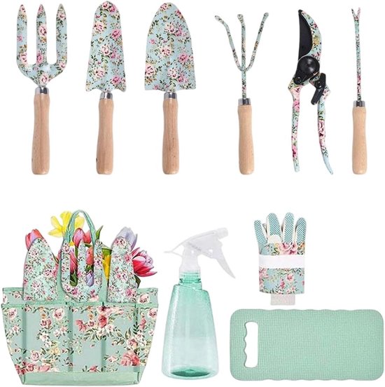 Tuingereedschapsset Rozenpatroon - Handmatig Tuinieren - Bloemen Planten - Ergonomische Houten Handgrepen - 10 Delig - Enkel Attribuut