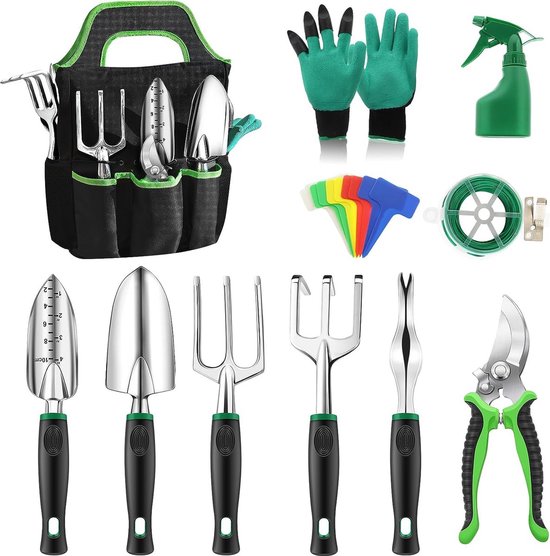 Tuingereedschapsset tuingereedschap 32-delige set met draagbare roestvrijstalen gereedschappen, scharen en handschoenen, tuintas en tuinsproeier voor planten in de tuin van Merkloos	