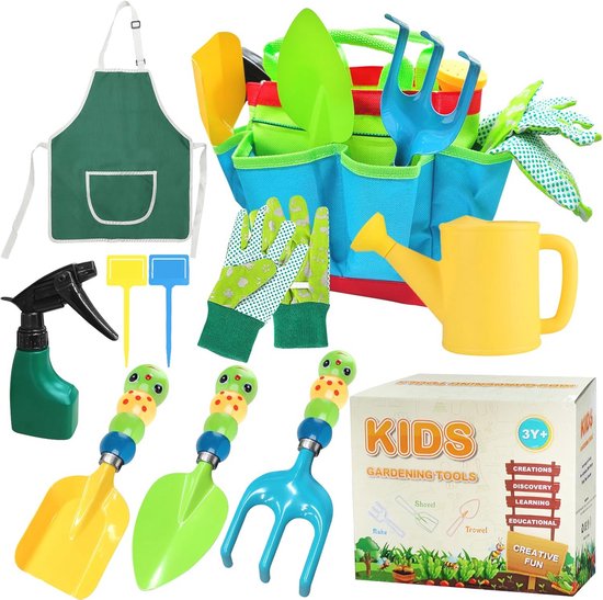 Tuingereedschapsset voor kinderen - 10-delige set met schep, hark, sproeier, gieter, schort, tuinhandschoenen en draagtas