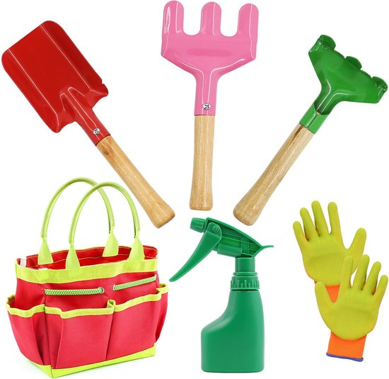 Tuingereedschapsset voor kinderen, 7-delige set, tuingereedschap voor kinderen, kleine tuingereedschap met tuinschep, gieter en tuintas. van T