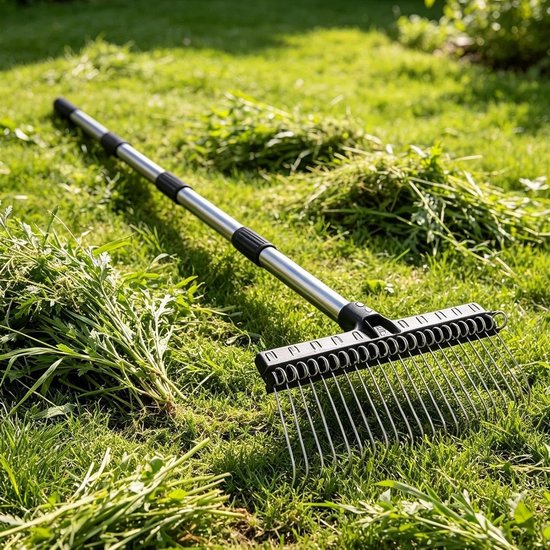 Tuingrashark Bladhark - Gras Hark - Gazon Onderhoud - Brede Verenstaal Tanden - 98-160 cm Handvat - Enkele Kenmerken