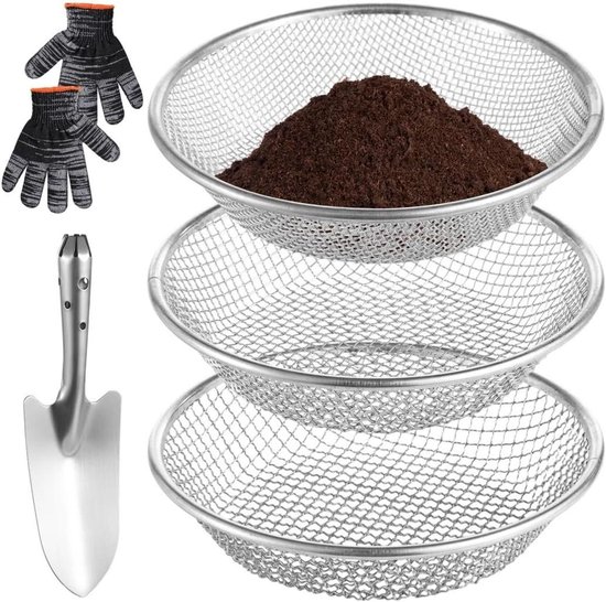 Tuingrond Zeefset - Compost Zeef - Bodem Verbeteren - Roestvrij Staal - 5-delig - Zilver