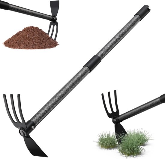 Tuinhak met steel, 76 cm, multifunctionele dubbele hak met 3 tanden, metaal, onkruidhark, plantenhaak, tuingereedschap, tuingereedschap, tuingereedschap voor het losmaken, luchten en wieden van