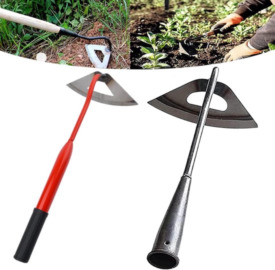 Tuinhak met steel, handheld volledig stalen geharde holle hak, tuinhulp, onkruidhaak voor groententeelt, onkruid wieden en losmaken van de bodem, zilver + rood van T