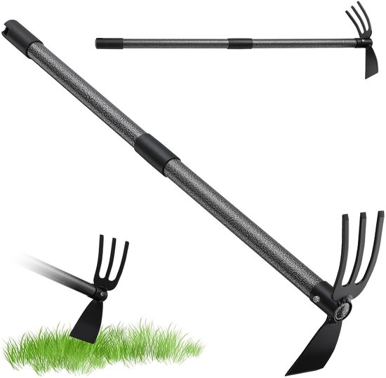 Tuinhak met steel van roestvrij staal, 76 cm, dubbele 3-tanden, onkruidhark, metaal, multifunctionele hak, tuingereedschap, tuingereedschap, voor het losmaken, luchten en wieden van de grond