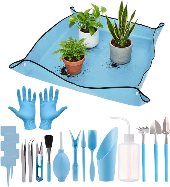 Tuinhandgereedschap Set - Tuin Gereedschap - Tuinonderhoud - Waterdichte Werkmat - 19 Delig - Blauw