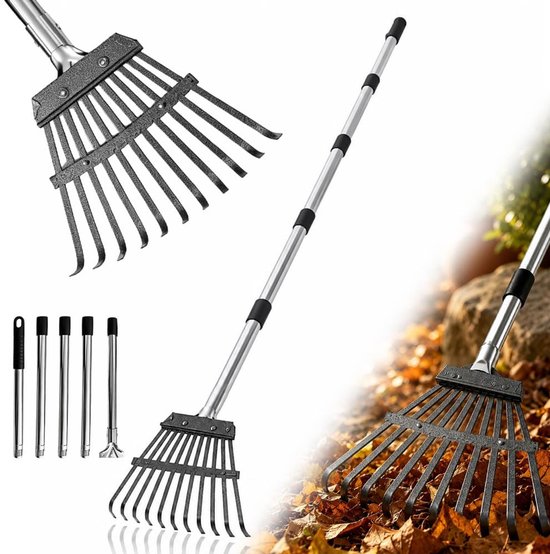 Tuinhark 11 tanden - metalen bladhark - verstelbare handgreep 90-194 cm - ideaal voor gazon en tuin - SnelShoppen
