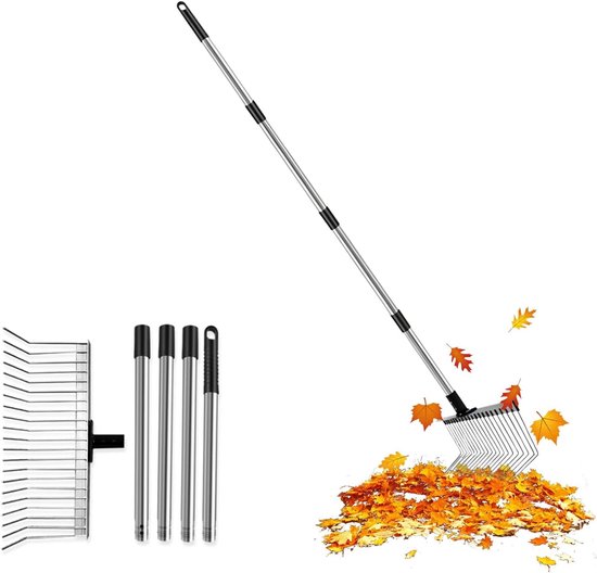 Tuinhark 160 cm - 4-delig metaal - in hoogte verstelbaar - efficiënt bladeren verzamelen - ShopVlot