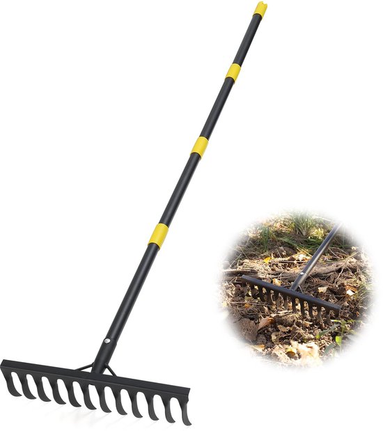 Tuinhark, 189 cm, metalen hark, met steel, hark met 12 stalen tanden voor het losmaken van de grond en het egaliseren van gazon, bladbezem, gazonhark, tuingereedschap voor gazon en bladeren