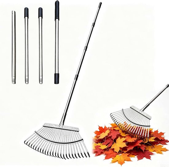 tuinhark, 4-delige verstelbare bladhark, 47 cm breed, 180 cm steel, waaierbezem metaal, waaierbezem, bladbezem voor tuinreiniging en nivellering van gazons