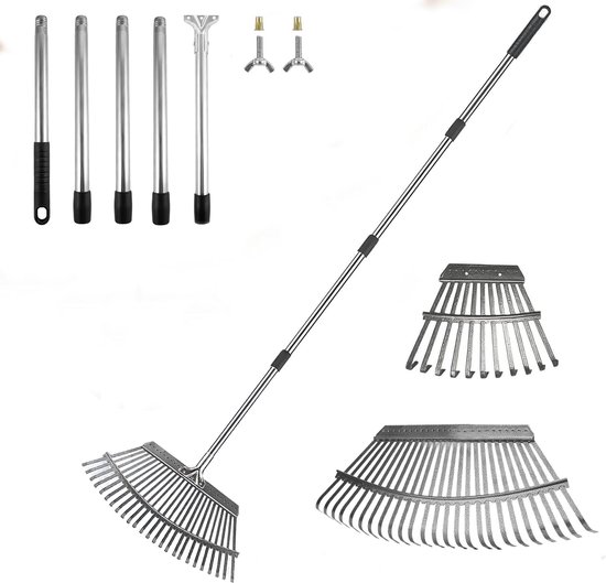 Tuinhark, bladhark met 25 + 11 tanden, verstelbare steel (90-190 cm), verstelbare lange steel hark voor gazons - ShopVlot