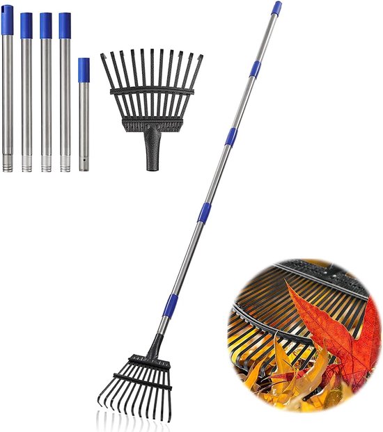 Tuinhark, hark voor bladeren met lange steel, 183 cm en 11 metalen tanden, geweldig gereedschap voor tuinieren, gazon van Merkloos	