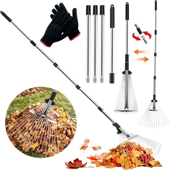 Tuinhark met 18 Tanden - Bladhark met Steel 213cm Verstelbaar - Metalen Waaierhark Uitschuifbaar 20-40cm - Gazonhark voor Bladeren, Tuin en Erf - Inclusief Werkhandschoenen