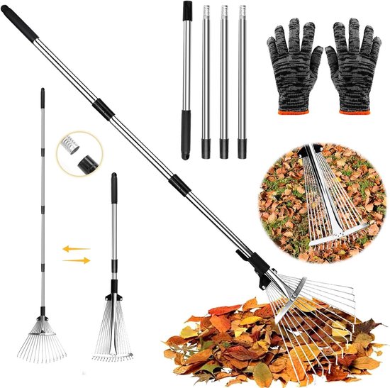 Tuinhark met handvat, metalen hark voor bladeren, verstelbare breedte en lengte, 15 tanden, ideaal voor tuinonderhoud en opruimen van bladeren