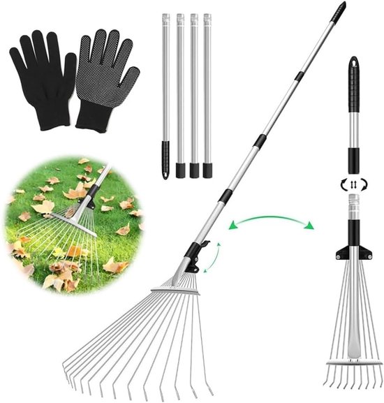 Tuinhark met Handvat, Verstelbare Hark voor Bladeren, Tuinaccessoires met Tuinhandschoenen, Ideaal voor Tuinonderhoud en Schoonmaak van Plantbedden