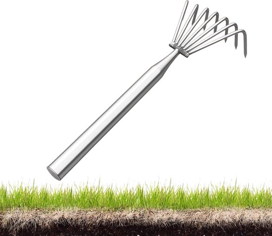 Tuinhark met Lange Steel - Onkruidsteker Bodemluchtiger - Gazon Onderhouden - Roestvrij Staal - 7 Klauwen - Zilver