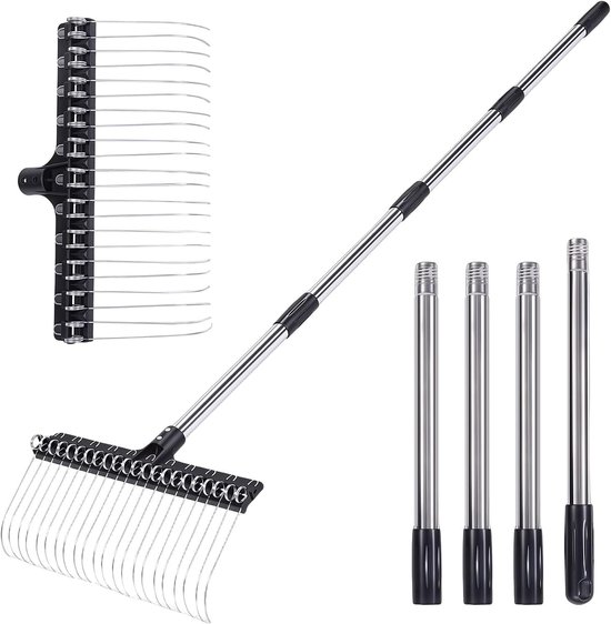 Tuinhark met verstelbare steel, brede tuinhark met 22 verenstalen tanden voor gazon, bladeren en grond, robuuste gazonhark voor verticuteren, zelfreinigende hark voor tuin, erf en gazon