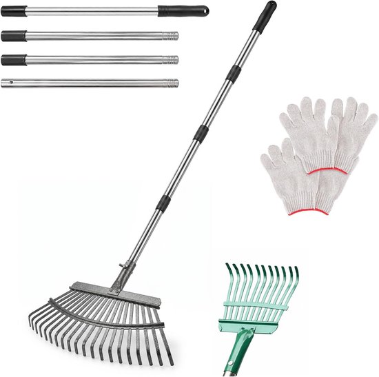 Tuinhark roestvrij staal 25+11 tanden - verstelbaar 70-185 cm - voor bladhark of tuinhark - ShopVlot