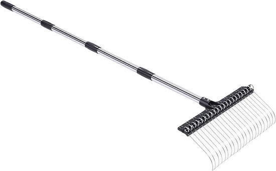 Tuinhark van 41,7 cm breed van staal met schuine veerondersteuning en zelfreinigende tanden voor bladeren, mulch, dennennaalden en gazononderhoud.