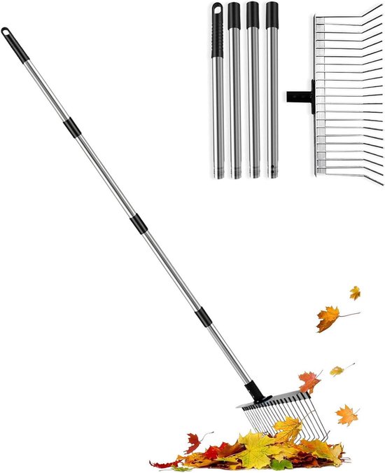 Tuinhark Verstelbaar - Bladhark Steel - Gazon Reinigen - Roestvrij Staal - 160 cm - Zilver