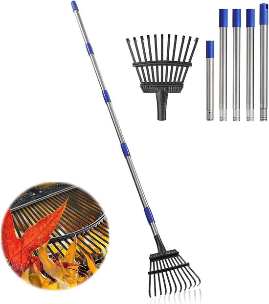 Tuinhark voor bladeren - lange steel 183 cm - 11 metalen tanden - geweldig gereedschap voor tuinieren gazon Leak Rake van T