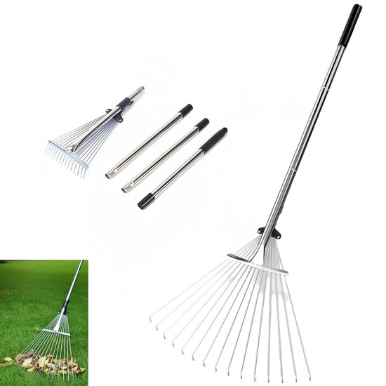 Tuinharkjes klein - Groen - Verstelbaar 85-175 cm - Metalen Bladhark met Uitschuifbare Kop - Voor Tuin en Gazon