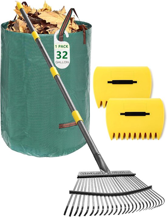 Tuinharkset 3-in-1 - Bladeren gazon - Tuin opruimen - Met afvalzak - 79 Inch harken van Merkloos	