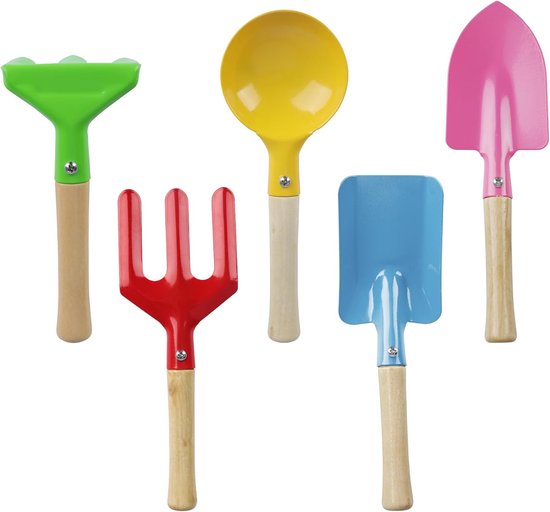 tuinhulp voor kinderen vanaf 3 jaar, tuinset met schep, hark, schop, schop, lepel, vork, hark, tuingereedschap, tuingereedschap, zandspeelgoed, strandspeelgoed