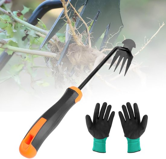 Tuinieren Handonkruidsnijder 4 tanden Multifunctionele onkruidsnijder met handvat Roestvrijstalen onkruidverwijderaar Tuinhulp Onkruidsnijder voor het verwijderen van tuinonkruid (met handschoenen) van T