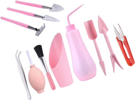 Tuinieren Set - Mini Gereedschap - Planten Verzorgen - 11 Delig - 17 cm - Roze